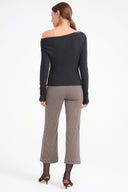 Houndstooth cropped wide-leg pants, taupe-brown, back view, belt loops