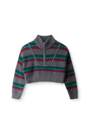 Cropped striped knit sweater with half-zip, ribbed hem and cuffs, gray burgundy green
