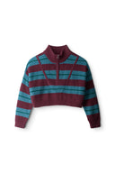 Cropped striped knit sweater, teal and burgundy, quarter-zip mock neck.