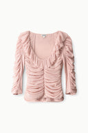 Sandrose pale pink ruched top with ruffle neckline and gathered long sleeves, layered hem