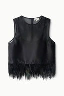 Black sleeveless mesh crop top with fringe hem and round neck