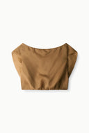 Brown cropped top with wide neckline and short sleeves