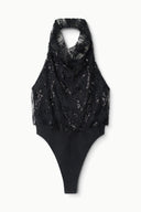 MONAY black beaded bodysuit, halter neckline and thong-style bottom