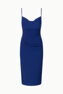 ASHE midnight midi sheath dress with spaghetti straps and cowl neckline, fitted waist
