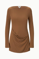 Cigar brown long-sleeve mini dress with scoop neck and side ruching