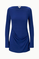 Dark blue long-sleeve draped tunic dress with boat neckline
