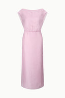Dusty pink off-shoulder long dress with gathered waist and straight skirt