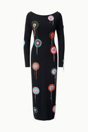 Black long-sleeve midi dress, embroidered dreamcatcher motifs on back