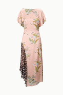 Blush pink silk dress with floral print, flutter short sleeves, long mesh overlay at hem
