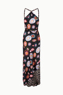 Silk maxi dress, multicolor circular print, halter tie neckline