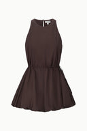 Dark brown sleeveless mini dress flat lay with gathered waist and pleated skirt