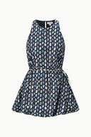 Navy sleeveless mini dress with teardrop print and elastic gathered waist