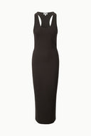 NYRA sleeveless fitted sheath dress, dark Earth, scoop neckline