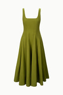 WELLS dress in pear green with square neckline and fitted bodice, flared skirt