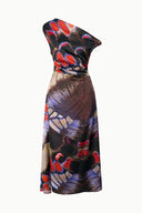 Silk butterfly-print fitted dress with cap sleeves and draped skirt