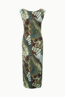 Butterfly-print sheath dress in green with short sleeves and round neckline