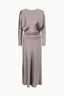 Zinc satin silk dress with long sleeves and ruched waist detail, straight skirt