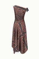 Portia silk dress with off-shoulder neckline and tied bow, multicolor geometric print