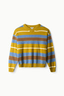 Mustard yellow cashmere sweater with blue and brown canyon stripe, button placket
