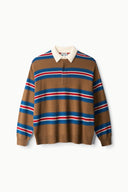 Cashmere V-neck sweater with brown, blue and red horizontal stripes, rib collar.