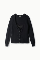 Black cashmere cardigan sweater with V-neck and button front, long sleeves