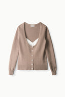 Cigar brown cashmere cardigan sweater flat lay, V-neck, button front, ribbed trim