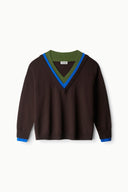 V-neck knit sweater, dark brown with blue and green trim at neck and cuffs