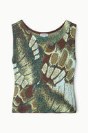Butterfly-moss print sleeveless top with scoop neck and rounded hem