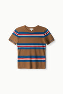 Crew-neck striped cashmere tee, short-sleeve, brown with blue and red stripes