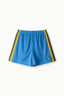 Haskell shorts in blue with yellow side stripe and elastic waistband, with logo tag.