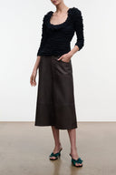 Dark brown leather culottes, mid-calf wide leg with button fly and side pockets