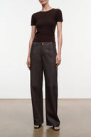 Dark brown leather pants, full front view with belt loops, button closure, wide leg