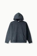 Dark washed-black hooded terry sweatshirt with front kangaroo pocket