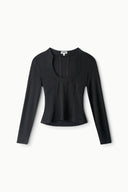 Black long-sleeve top with scoop neckline and pleated front detail
