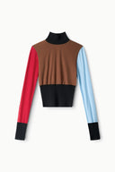 Color-block mock-neck long-sleeve top with brown, black, red, and light blue panels