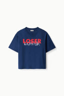 Blue relaxed tee with red 'LOSER' logo, crew neck, short sleeves (flat lay)