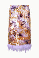 Afterglow sequin skirt with multicolor shimmer and lilac feather fringe hem