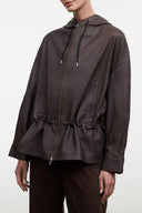 Hooded leather jacket, full zip front, ruched waist, two drawstrings at hood.