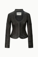 Black leather jacket with stand collar, asym seam front, long sleeves