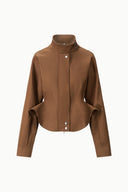 Cropped brown jacket with stand collar and front buttons