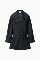 Black belted trench-style jacket with notched lapel front and snap pockets