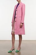 WYATT leather coat, wild rose pink, side view with button closure and flap pockets