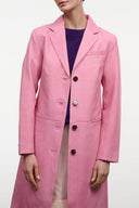 WYATT leather coat close-up, wild rose pink with button front and dual flap pockets