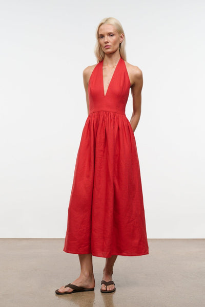 staud linen maxi dress STAUD, Grazia in Tomato, Size 8 Square neck Color:STONE externalID:90378DN Women's * and White
