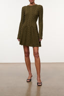 Olive cable-knit sweater dress, long sleeves, crew neck, side view