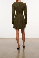 Olive cable-knit sweater dress, long sleeves, crew neck, back view