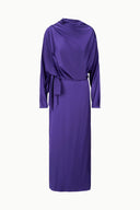 Amethyst silk midi dress with long sleeves and tie waist belt