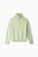 Spearmint cashmere half-zip sweater with stand collar, ribbed cuffs and hem