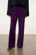Gus suede pants in amethyst purple with elastic waist and straight legs