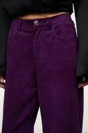 Gus suede pants in amethyst purple close-up: button waistband and front pockets